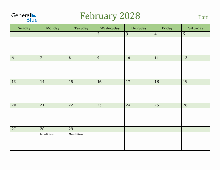 February 2028 Calendar with Haiti Holidays