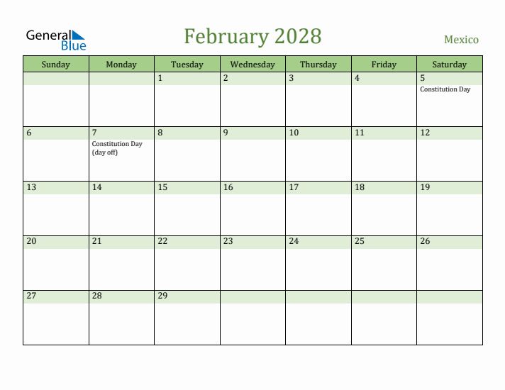 February 2028 Calendar with Mexico Holidays