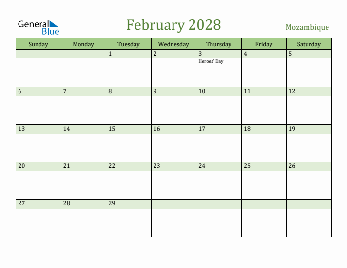 February 2028 Calendar with Mozambique Holidays