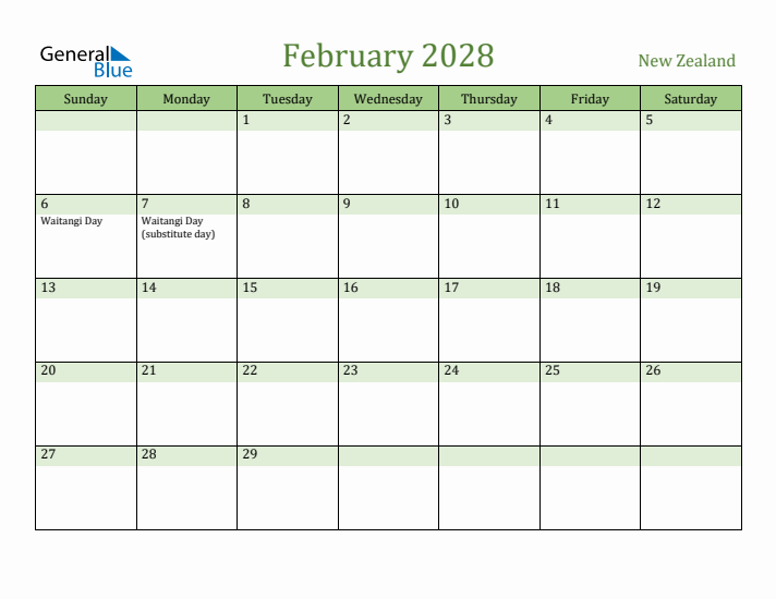 February 2028 Calendar with New Zealand Holidays