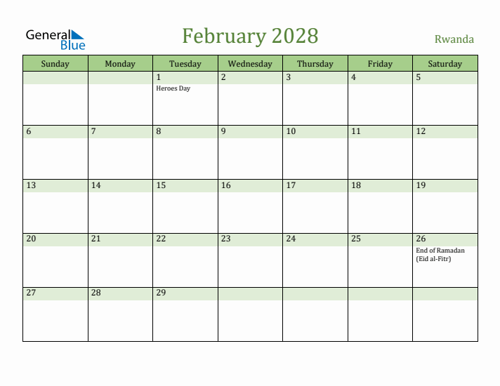 February 2028 Calendar with Rwanda Holidays