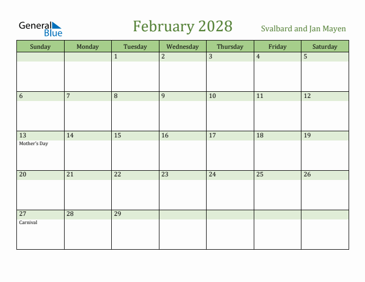 February 2028 Calendar with Svalbard and Jan Mayen Holidays