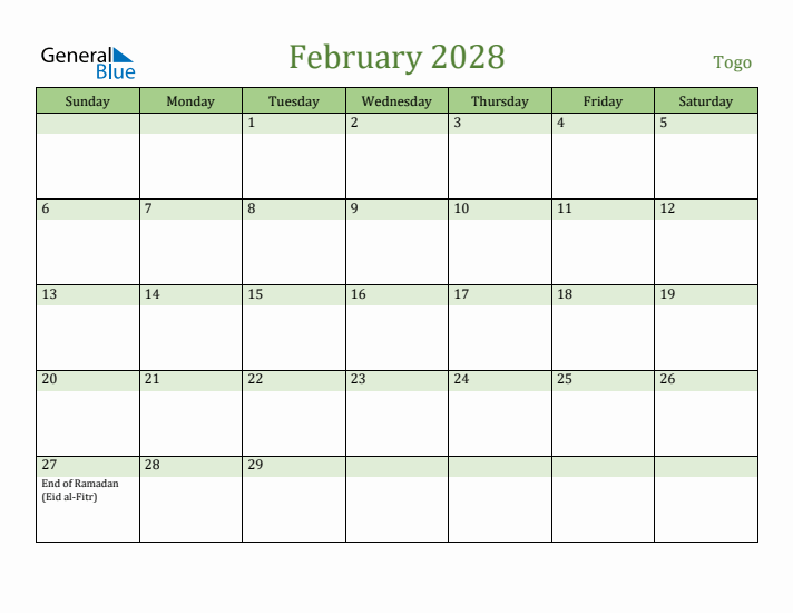 February 2028 Calendar with Togo Holidays