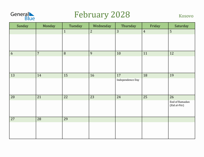 February 2028 Calendar with Kosovo Holidays