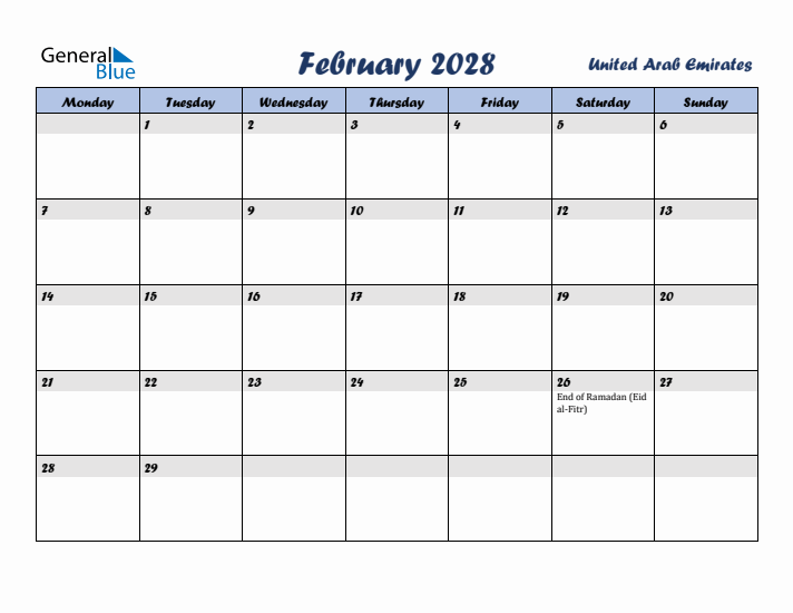 February 2028 Calendar with Holidays in United Arab Emirates