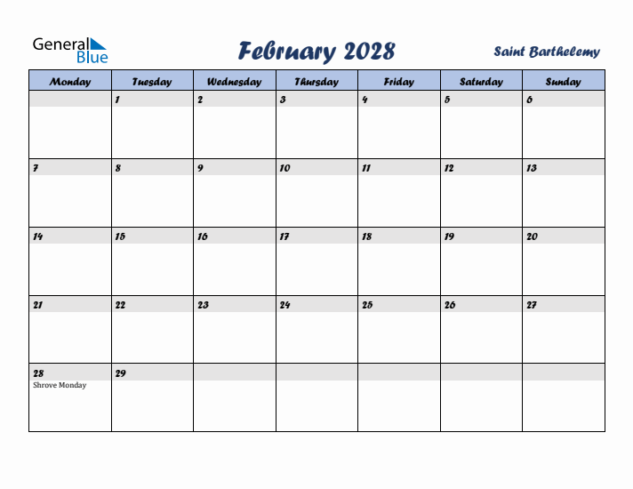 February 2028 Calendar with Holidays in Saint Barthelemy