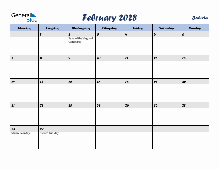 February 2028 Calendar with Holidays in Bolivia