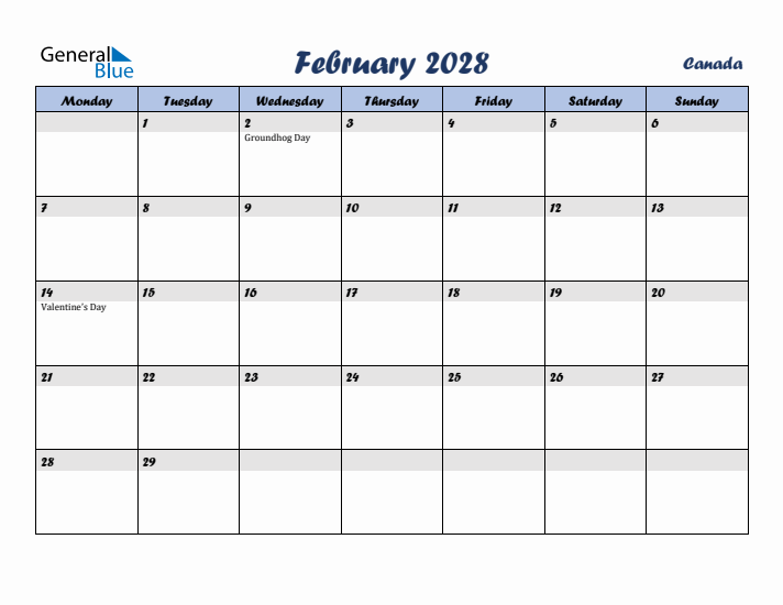 February 2028 Calendar with Holidays in Canada