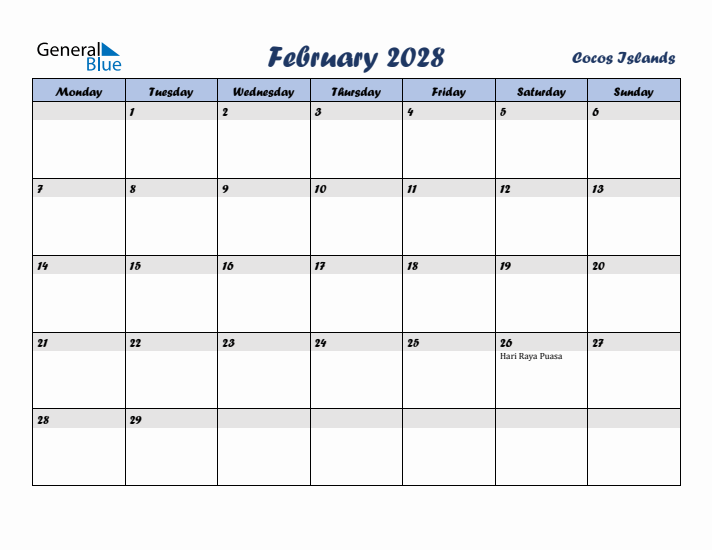 February 2028 Calendar with Holidays in Cocos Islands