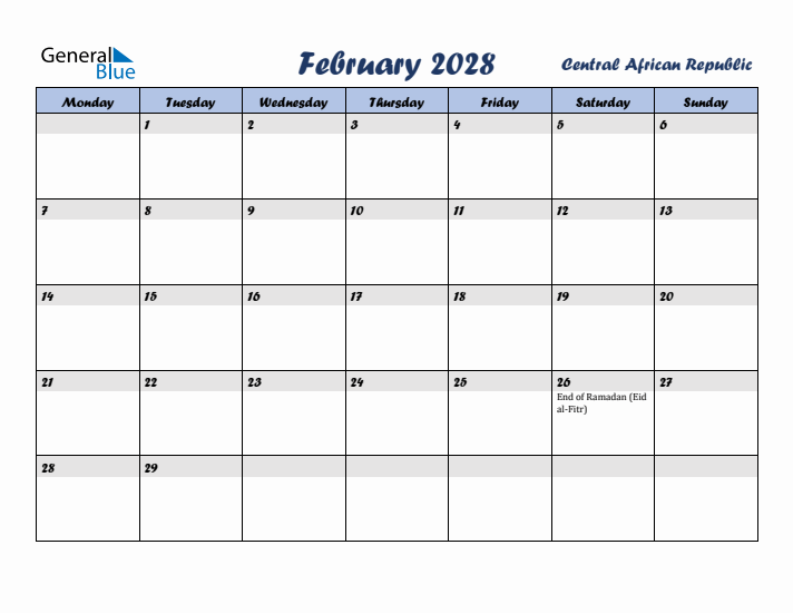 February 2028 Calendar with Holidays in Central African Republic