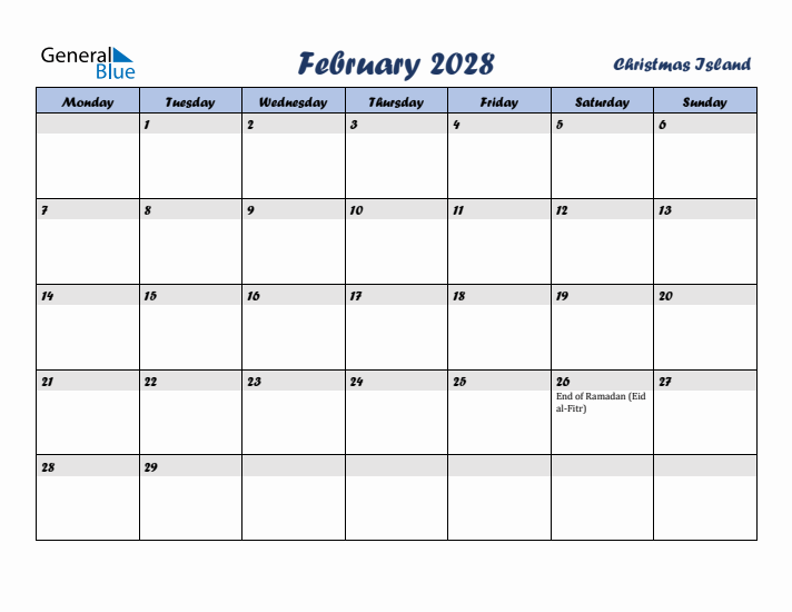 February 2028 Calendar with Holidays in Christmas Island