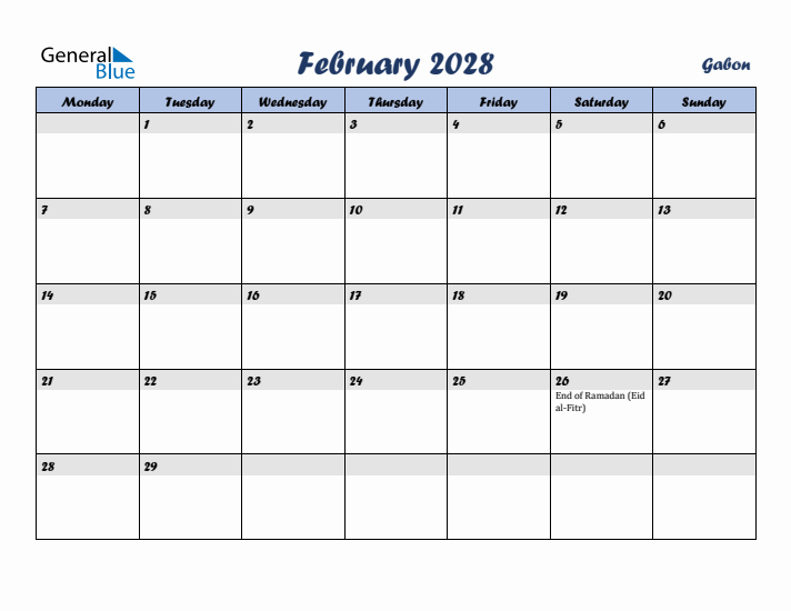 February 2028 Calendar with Holidays in Gabon