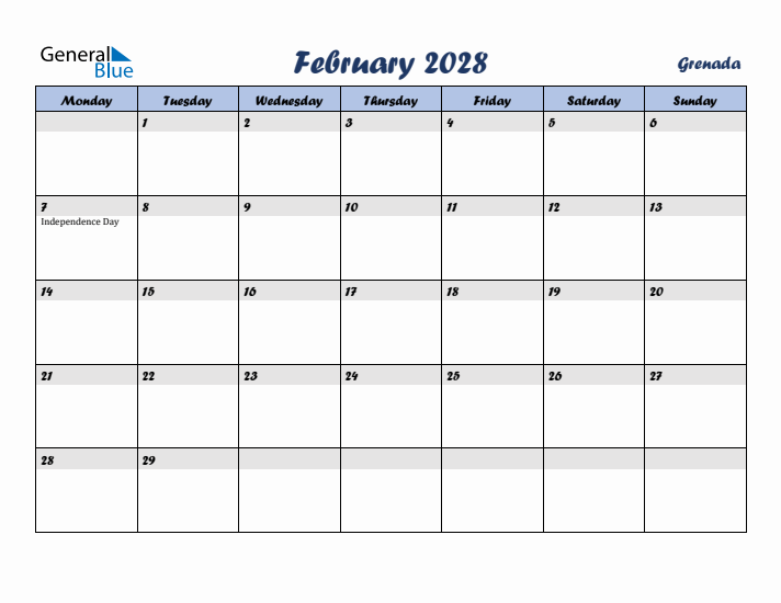 February 2028 Calendar with Holidays in Grenada