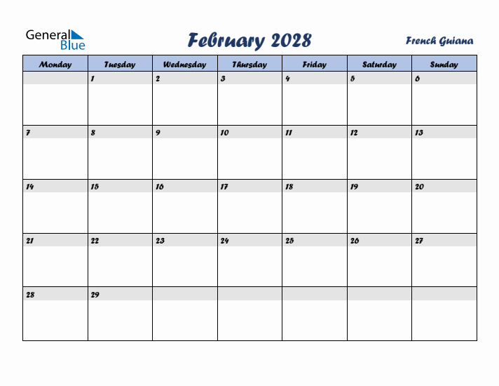 February 2028 Calendar with Holidays in French Guiana