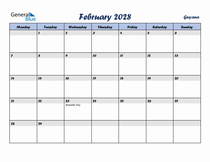 February 2028 Calendar with Holidays in Guyana