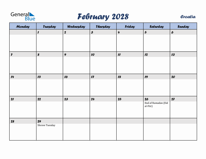 February 2028 Calendar with Holidays in Croatia