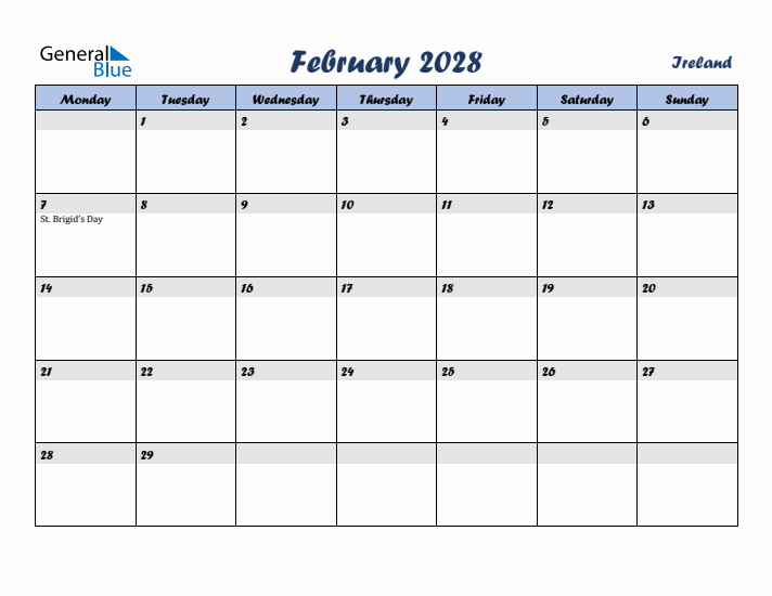 February 2028 Calendar with Holidays in Ireland