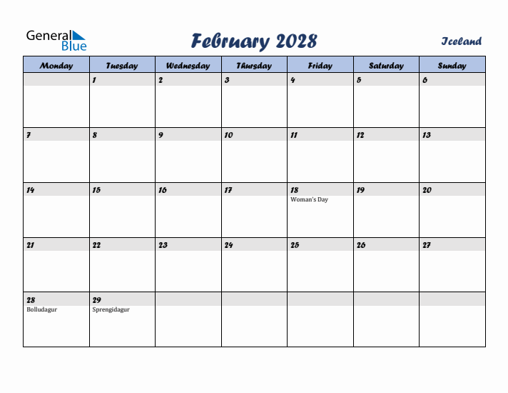February 2028 Calendar with Holidays in Iceland