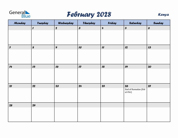 February 2028 Calendar with Holidays in Kenya