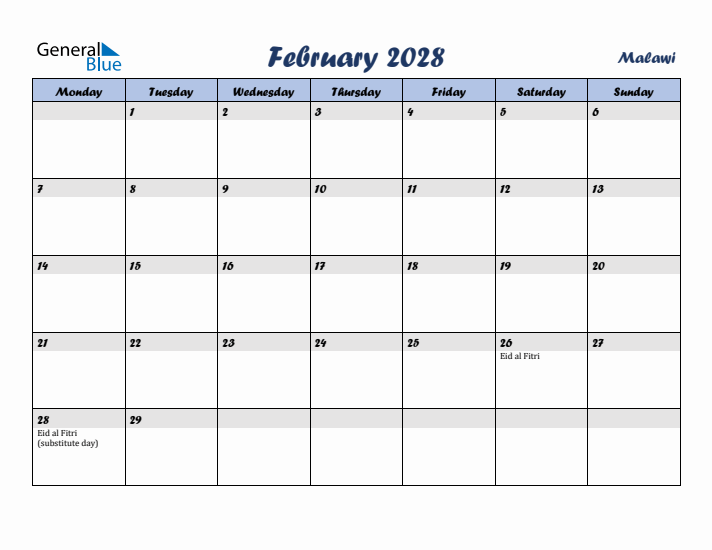 February 2028 Calendar with Holidays in Malawi