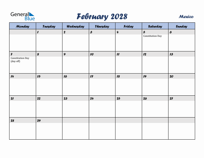 February 2028 Calendar with Holidays in Mexico