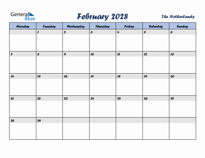February 2028 Calendar with Holidays in The Netherlands