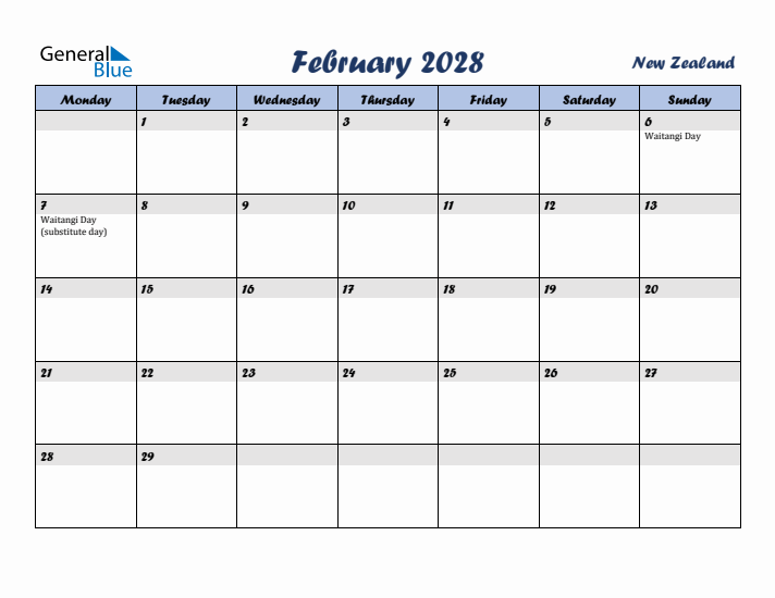 February 2028 Calendar with Holidays in New Zealand