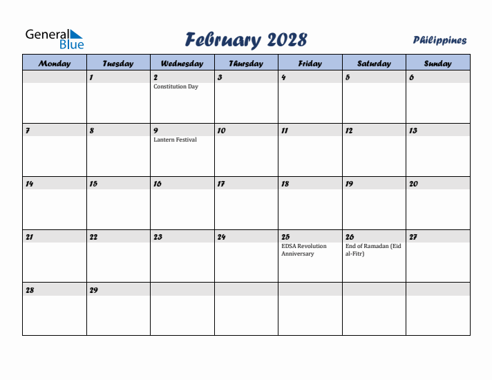 February 2028 Calendar with Holidays in Philippines