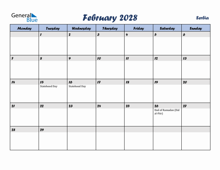 February 2028 Calendar with Holidays in Serbia