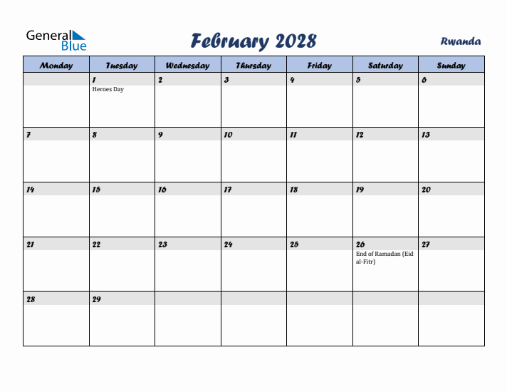 February 2028 Calendar with Holidays in Rwanda