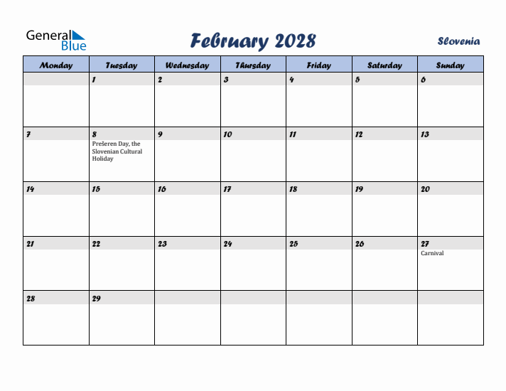 February 2028 Calendar with Holidays in Slovenia