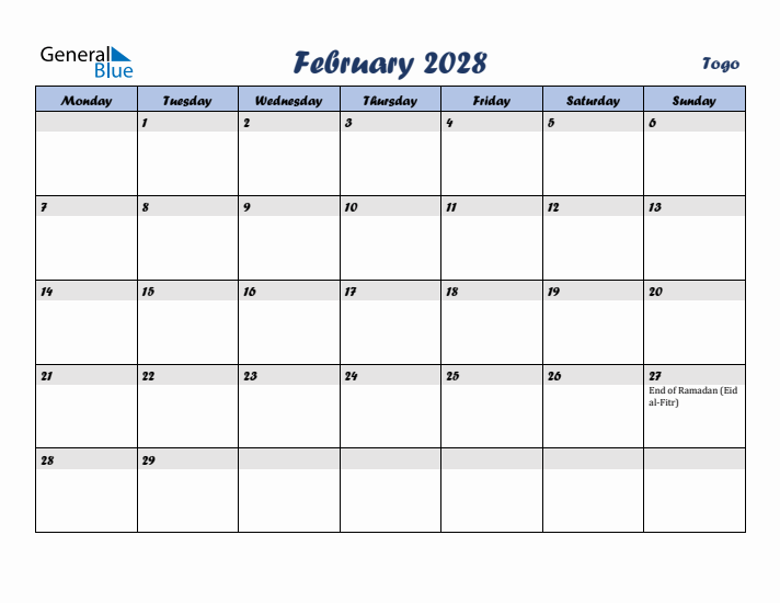 February 2028 Calendar with Holidays in Togo