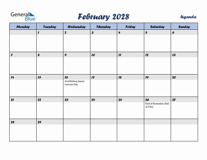 February 2028 Calendar with Holidays in Uganda