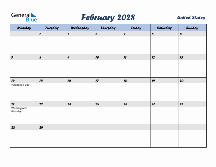 February 2028 Calendar with Holidays in United States