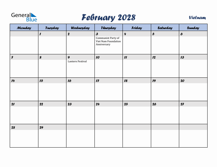 February 2028 Calendar with Holidays in Vietnam