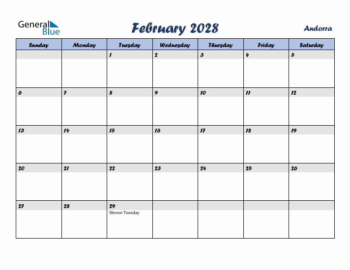 February 2028 Calendar with Holidays in Andorra