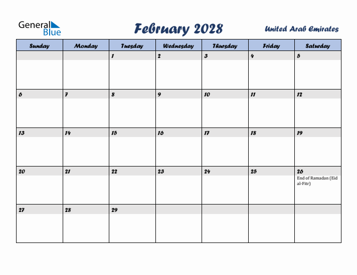 February 2028 Calendar with Holidays in United Arab Emirates