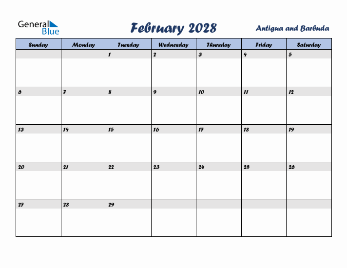 February 2028 Calendar with Holidays in Antigua and Barbuda