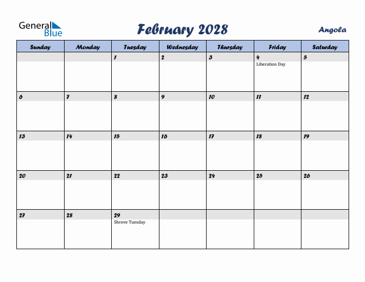 February 2028 Calendar with Holidays in Angola