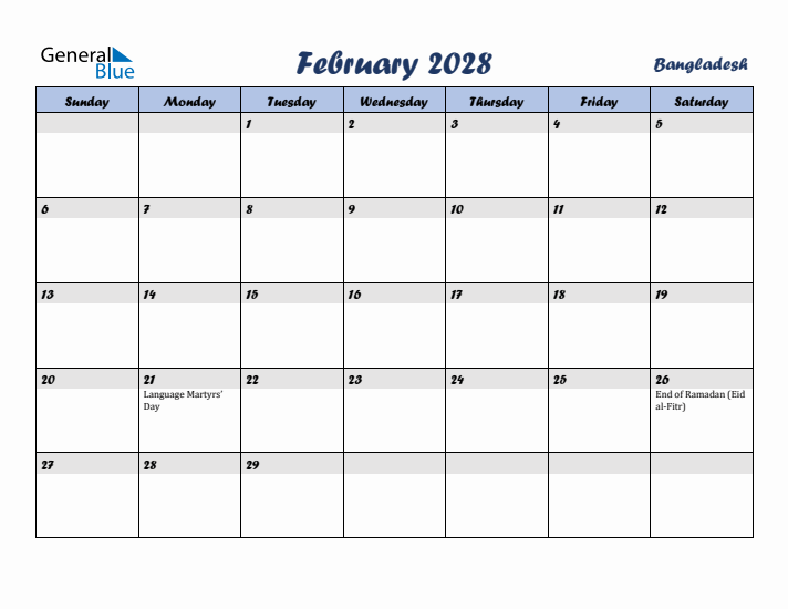 February 2028 Calendar with Holidays in Bangladesh