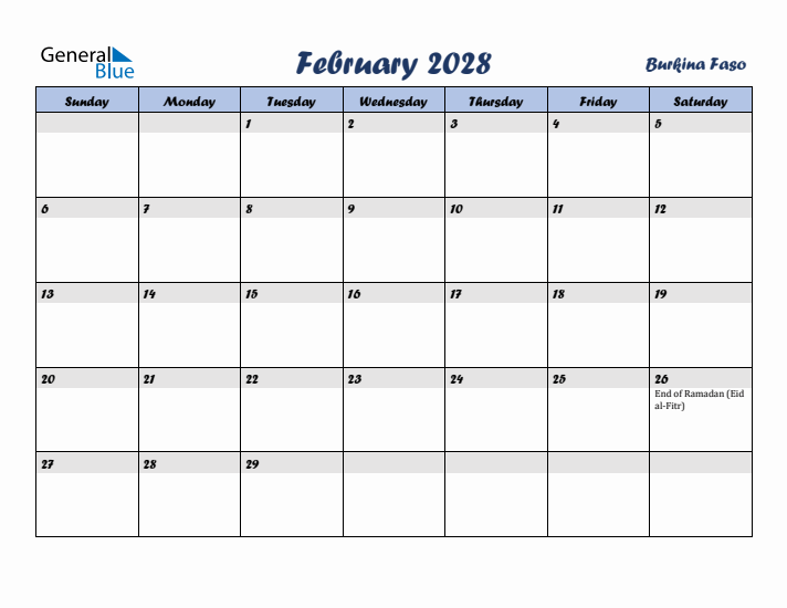 February 2028 Calendar with Holidays in Burkina Faso