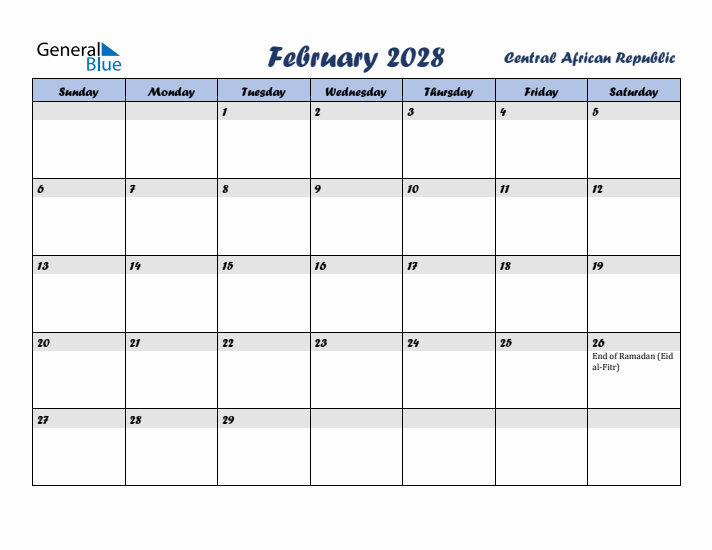 February 2028 Calendar with Holidays in Central African Republic