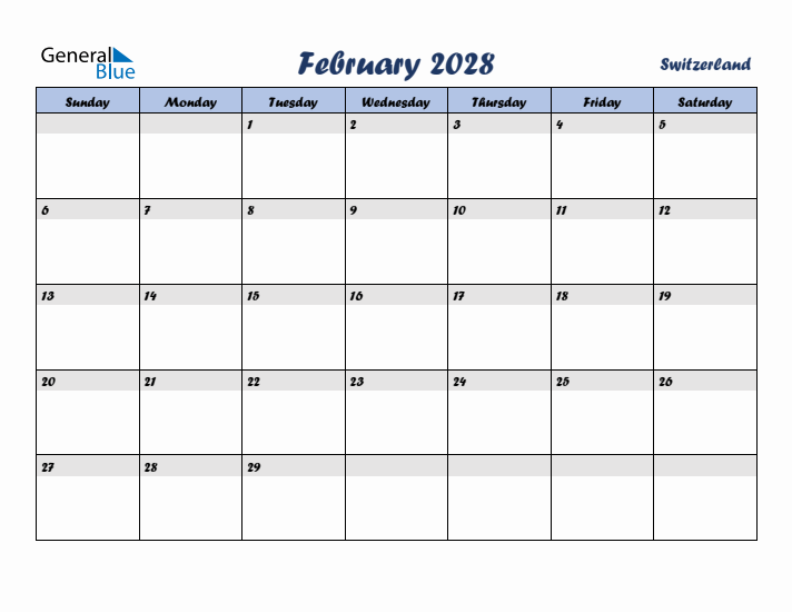 February 2028 Calendar with Holidays in Switzerland
