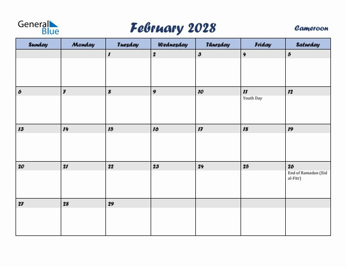 February 2028 Calendar with Holidays in Cameroon