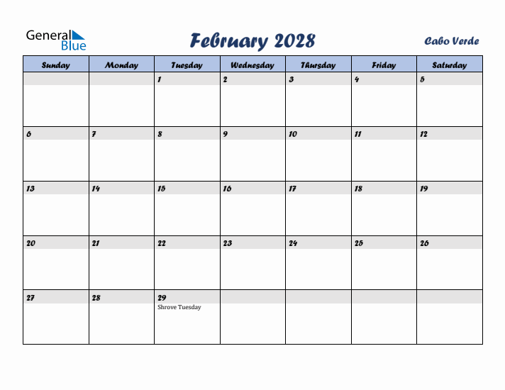 February 2028 Calendar with Holidays in Cabo Verde