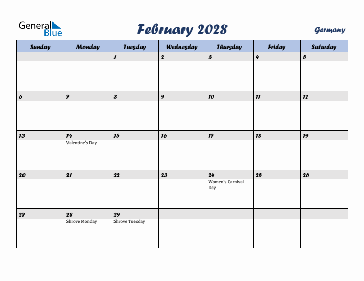 February 2028 Calendar with Holidays in Germany