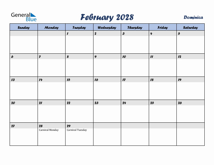 February 2028 Calendar with Holidays in Dominica