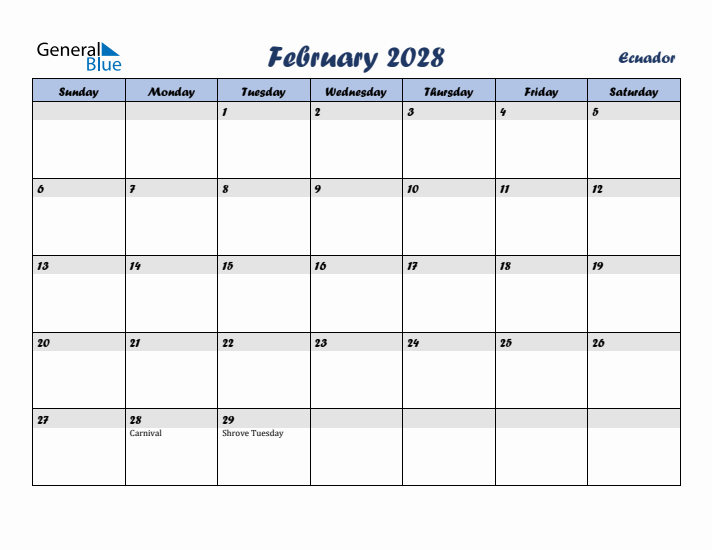 February 2028 Calendar with Holidays in Ecuador