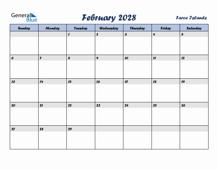 February 2028 Calendar with Holidays in Faroe Islands