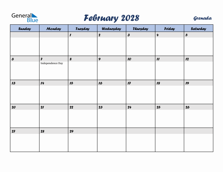 February 2028 Calendar with Holidays in Grenada